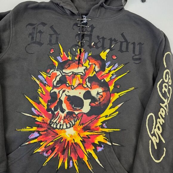 Vtg Y2K Ed Hardy Pullover Distressed Unisex Mens Size Large Gray - Picture 2 of 13